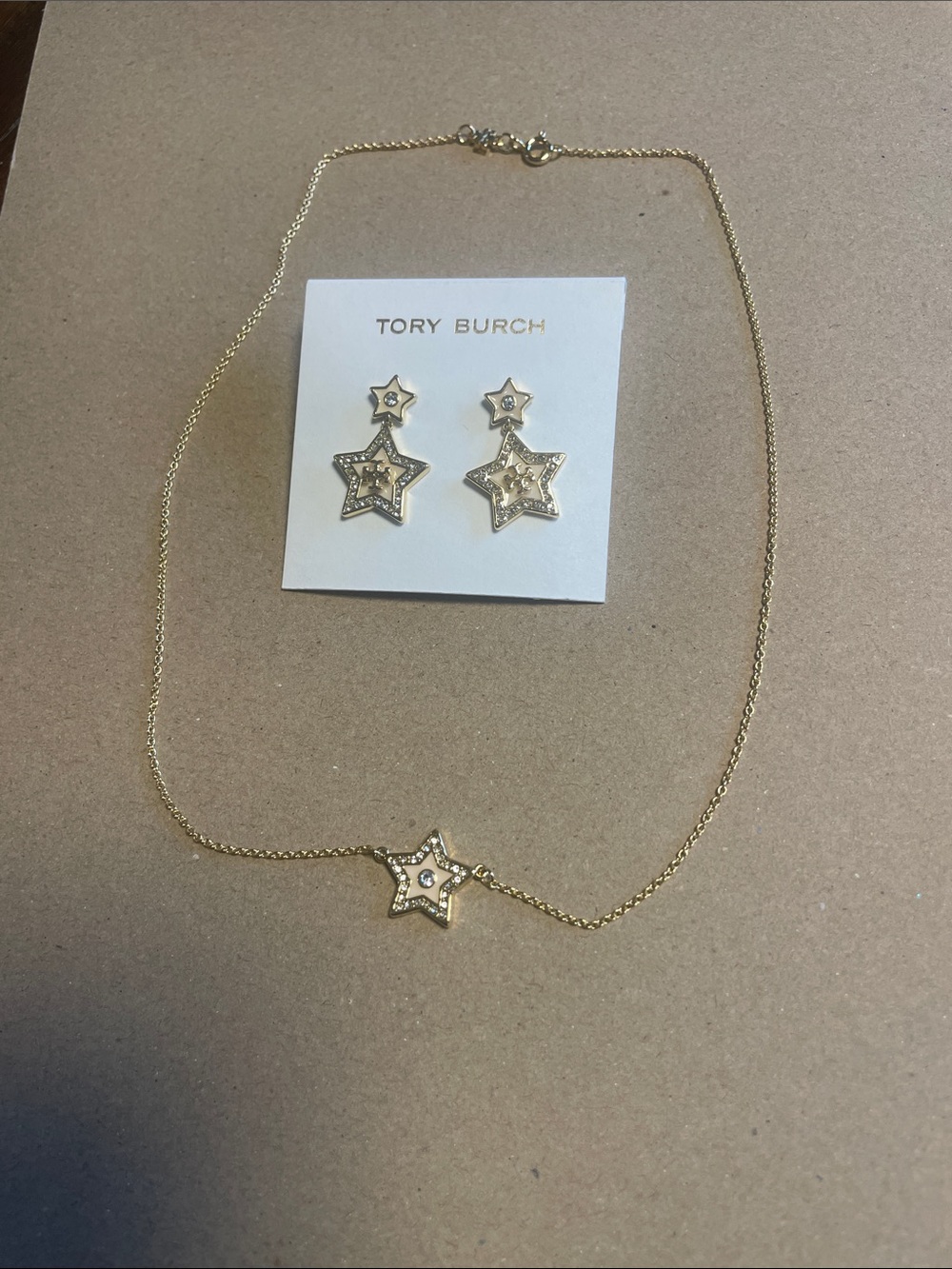 Tory Burch Gold Star Pendant Necklace with Matching Star Drop Earrings